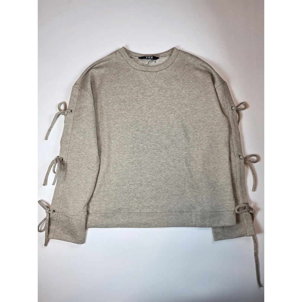 Tov Los Angeles Top Size 42/12 Tan Bow Sleeves Long Sleeve 100% Cotton Crew Neck